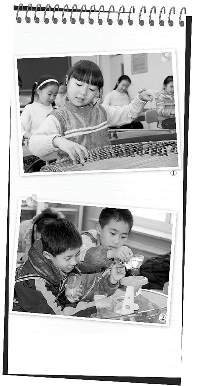 　圖1：鐵路五小古箏社團的孩子們正在演奏《高山流水》，圖2：科學課上，孩子們正在探索水的秘密。