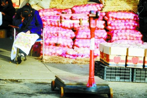 水果批發市場內,沒有客戶時,商戶在繡十字繡 水果批發市場內,沒有客戶時,商戶在繡十字繡