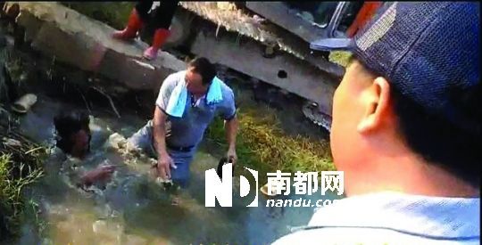 男子沒入水塘后試圖反抗,遭戴黑帽男子毆打。視頻截圖 男子沒入水塘后試圖反抗,遭戴黑帽男子毆打。視頻截圖