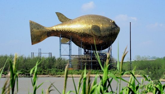 昨天，揚中市西沙島，正在施工的河豚塔金光閃閃