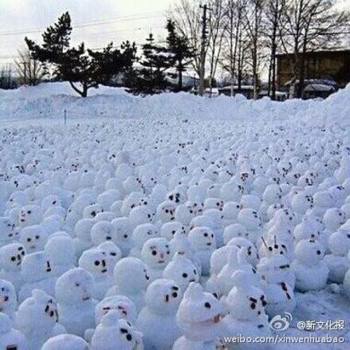 網傳“煙臺男子大學生堆1314個雪人表白”。微博圖 網傳“煙臺男子大學生堆1314個雪人表白”。微博圖