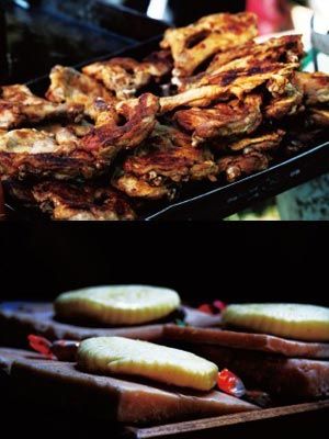 草原美食烤肉和奶酪。 草原美食烤肉和奶酪。