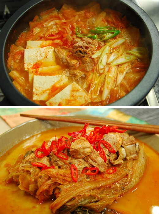 上圖為金槍魚泡菜湯,下圖為泡菜雜燴湯。 上圖為金槍魚泡菜湯,下圖為泡菜雜燴湯。