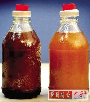 兩種油的顏色差別很大。(左為真) 兩種油的顏色差別很大。(左為真)