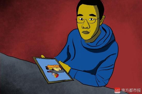 王煥凱看著一家人幸福的合照,黯然神傷,悔不當初。(畫作者:吳斌)