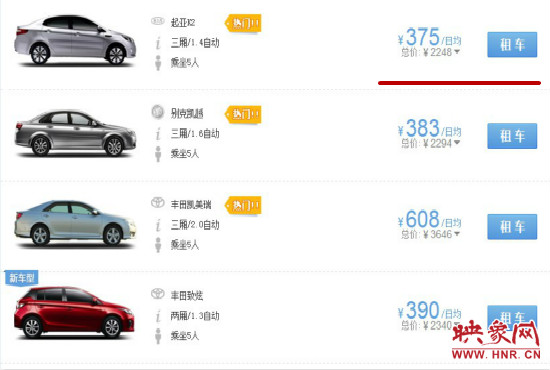 國慶七天假期部分租車價格。 國慶七天假期部分租車價格。