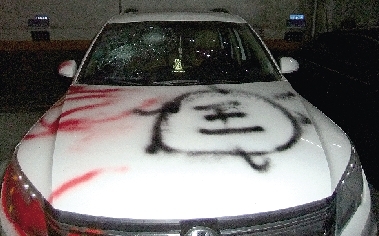 鄭州小區白色越野車遭襲 車身被噴多個烏龜圖案