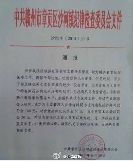 江西鎮(zhèn)紀(jì)委發(fā)紅頭文件批評(píng)機(jī)關(guān)食堂沒(méi)有肉菜。(資料圖) 江西鎮(zhèn)紀(jì)委發(fā)紅頭文件批評(píng)機(jī)關(guān)食堂沒(méi)有肉菜。(資料圖)