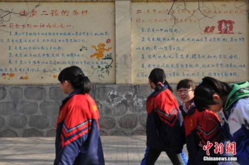 資料圖:“生育二孩條件”宣傳墻。中新社發 韋亮 攝