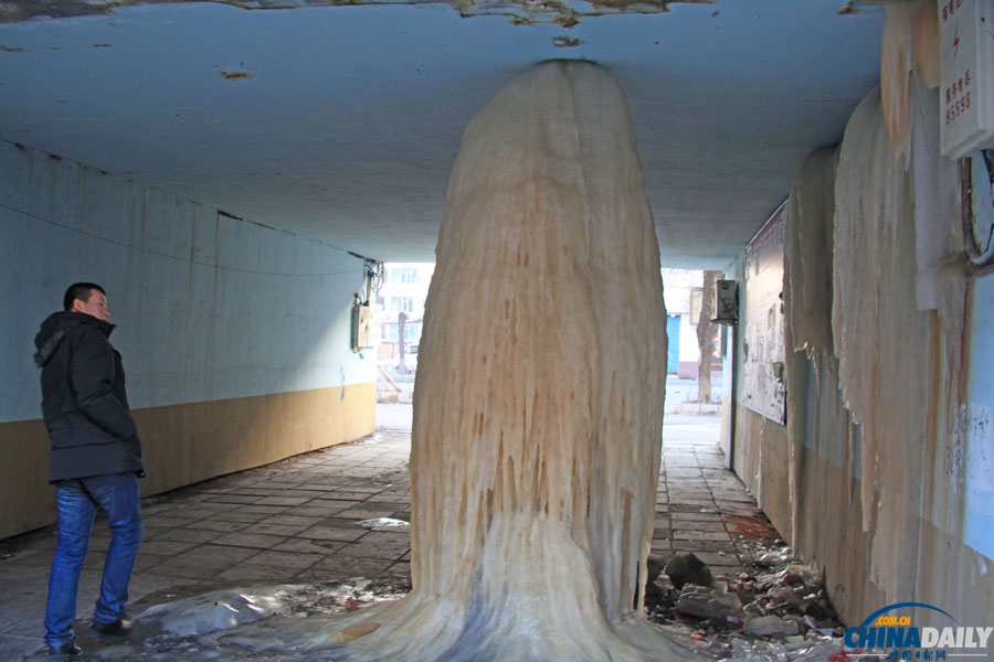 小區漏水凍出冰柱 小區漏水凍出冰柱